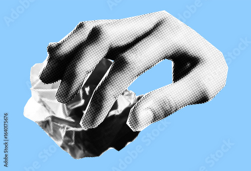 Hand crushing paper halftone pop art  on blue background