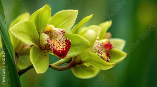 Lush green orchids with yellow petals speckled with red capture sunlight in a vibrant garden setting, showcasing the beauty of nature and floral diversity.
