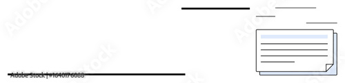 Stack of paper sheets with text lines, surrounded by minimalist linear accents. Ideal for organization, productivity, workflow, documentation, efficiency, minimalism, simple flat metaphor