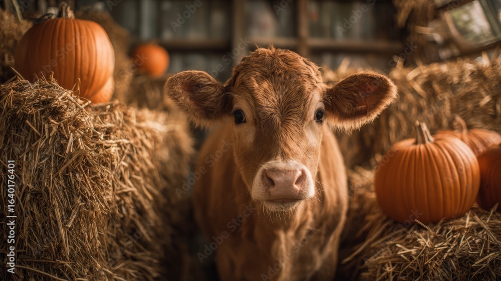Fototapeta premium Brown dairy cow among pumpkins and hay bales at sunrise