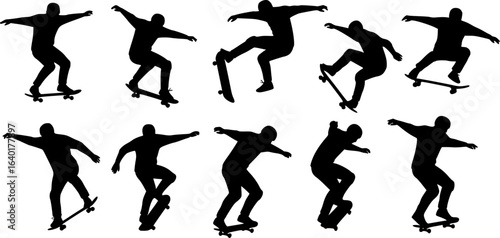 set of vector silhouettes of skateboarder, black color isolated on white background
