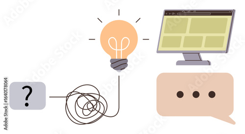 Lightbulb connected to question mark and interface via tangled line symbolizing ideas, innovation, brainstorming. Ideal for creativity, problem-solving, UX design, communication, strategy, education
