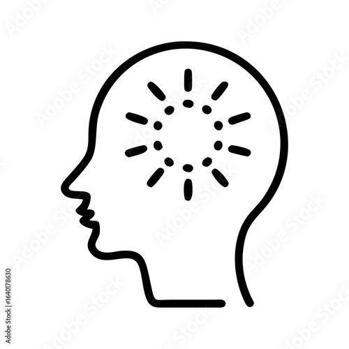 Outline of a head in profile with radiating lines and dots emanating from the brain area idea concept