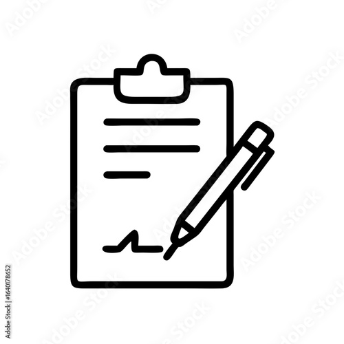 Black outline of a clipboard with paper and a pen signing a document on a white background image