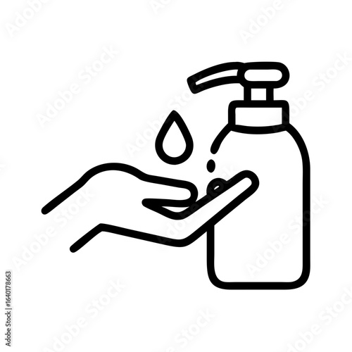 Hand sanitizing with a dispenser showing a drop falling onto the hand for hygiene and cleanliness routine