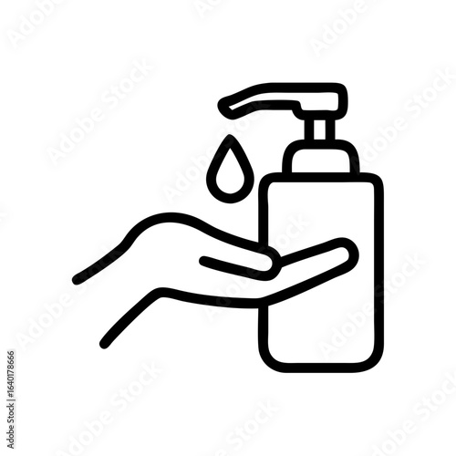 Hand using sanitizer dispenser with a drop falling, depicted in a minimalist black outline style icon
