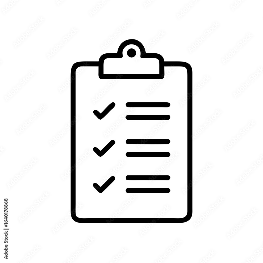 Black outline of clipboard with three check marks and three lines indicating list items present on paper Black outline of clipboard with three check marks and three lines indicating list items present on paper