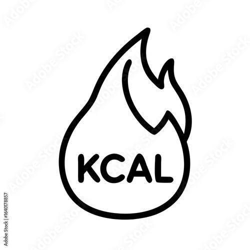 Illustration of a kcal symbol inside a flame outline representing energy and nutrition information icon 100