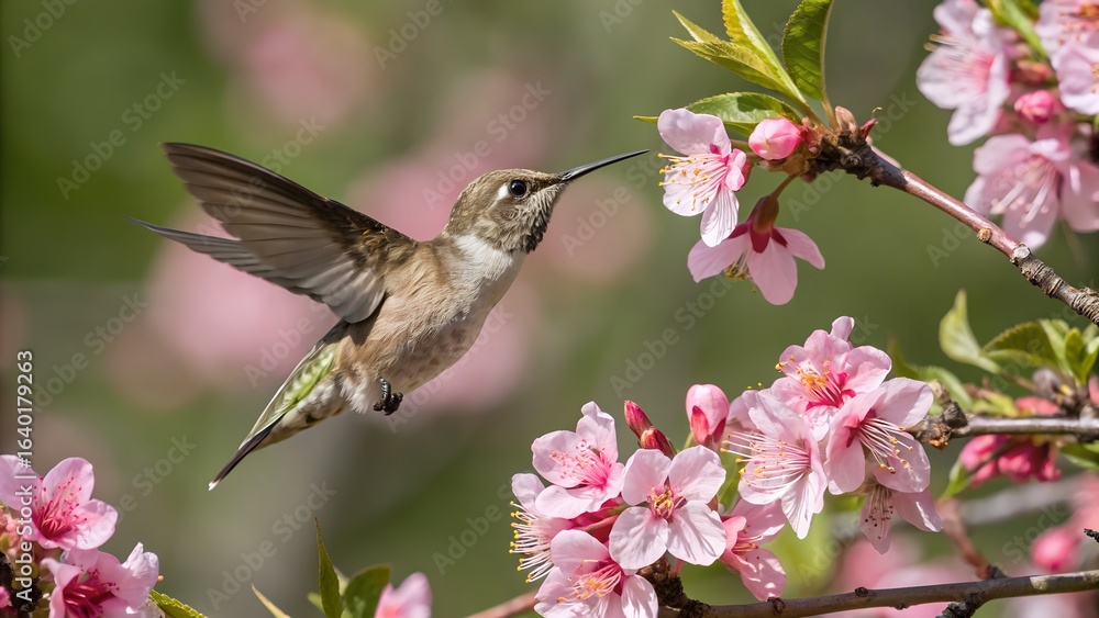 Naklejka premium Hummingbird feeding on delicate pink cherry blossoms in spring