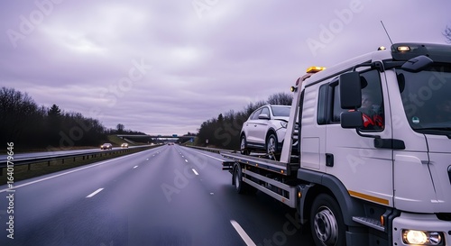 Tow truck transporting a damaged car on the highway during daytime, capturing a scene of roadside assistance and transport on the road.