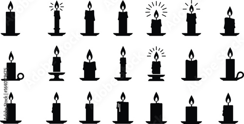 Candle silhouette collection, burning wax candle icons, vintage flame clipart, black candle vector set, home decor design elements