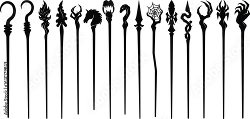 Magic staffs silhouette collection, fantasy wizard staffs, mystical wands, sorcery weapons, enchanted staffs, dark magic symbols, mythical elements, black background design