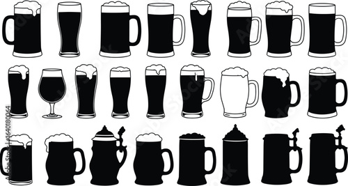 Beer mug icons, glass of beer silhouettes, vintage beer steins, black and white drink vector, pub bar drink elements, illustration
