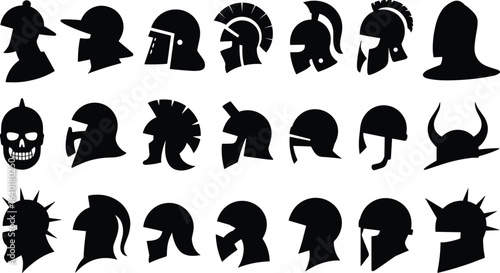 Silhouettes of ancient and medieval helmets including Roman, Spartan, Viking, and fantasy warrior styles for historical or graphic design
