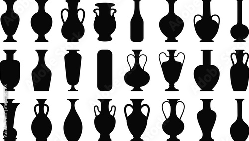 Silhouettes of vintage vases and ancient amphorae in various shapes, ideal for pottery, ceramics, and classical art design