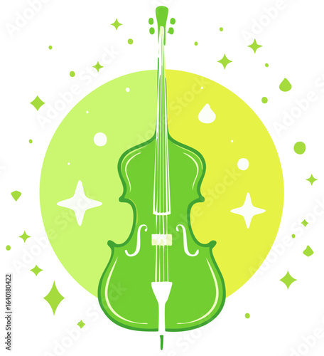 Green Contrabass Instrument with Sparkles and Sun Background