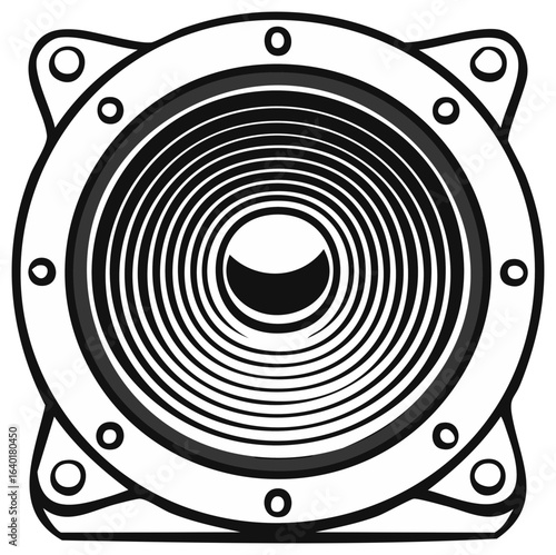 Monochrome line art illustration of a powerful audio woofer speaker for music and sound concepts