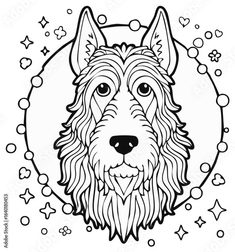 Intricate line drawing portrait of a scruffy terrier dog surrounded by playful decorative elements