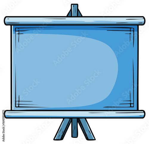 Blank blue projector screen on a tripod stand cartoon illustration for presentations