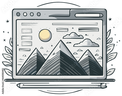 Digital Landscape Drawing of Mountains and Sun on a Computer Screen with Stylus