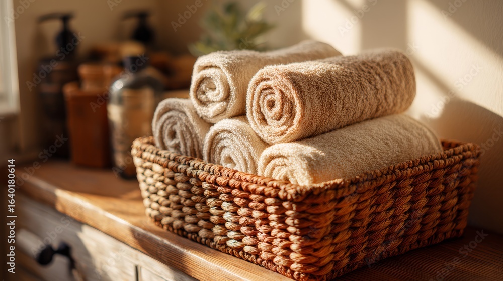 Obraz premium Rolled hand towels in wicker basket. Rustic bathroom decor style