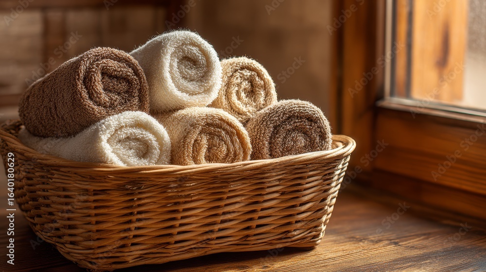 Obraz premium Rolled hand towels in wicker basket. Rustic bathroom decor style