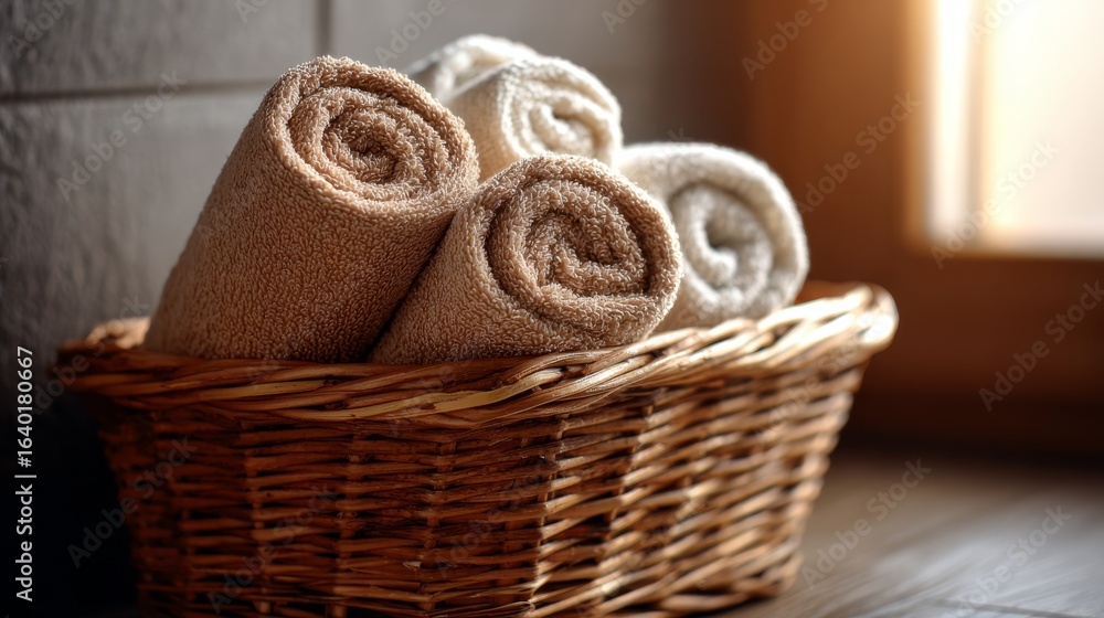Obraz premium Rolled hand towels in wicker basket. Rustic bathroom decor style