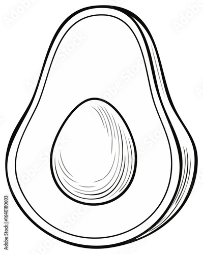 Black and white illustration of avocado fruit with a visible seed