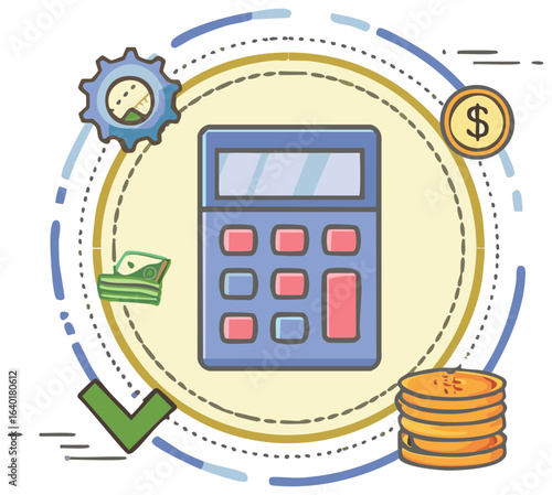 Financial management and economic planning illustration with calculator, money, coins, and success.