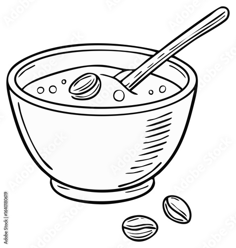 Depiction of a bowl of porridge with a spoon and coffee beans in a simple, graphic style