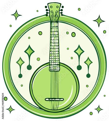 Stylized green banjo illustration with sparkling accents in a circular frame