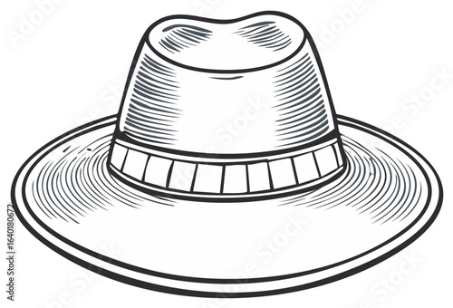 Classic fedora hat vintage line art illustration with wide brim and detailed shading