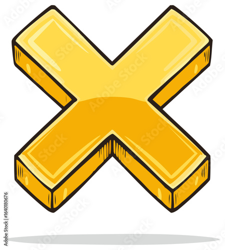 Cartoon style golden X mark illustration with a bold three dimensional look
