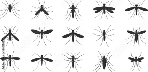 Mosquito insect silhouettes set, black mosquito icons, detailed vector mosquitoes, flying pest insects, mosquito profile collection, biting insect illustrations