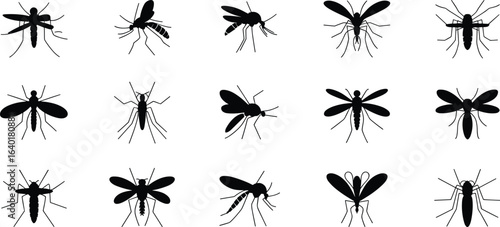 Mosquito silhouettes set, black insect icons, mosquito vector collection, biting insects, disease carrier insects, mosquito profile, flying insect illustration