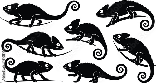Black silhouette vector set of chameleons on branches, cartoon style, reptile illustrations, isolated on white background, nature design
