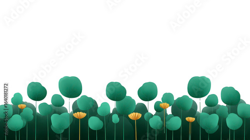 Vibrant illustration of lush green foliage with variety of round leaves and few yellow flowers, creating serene and natural atmosphere