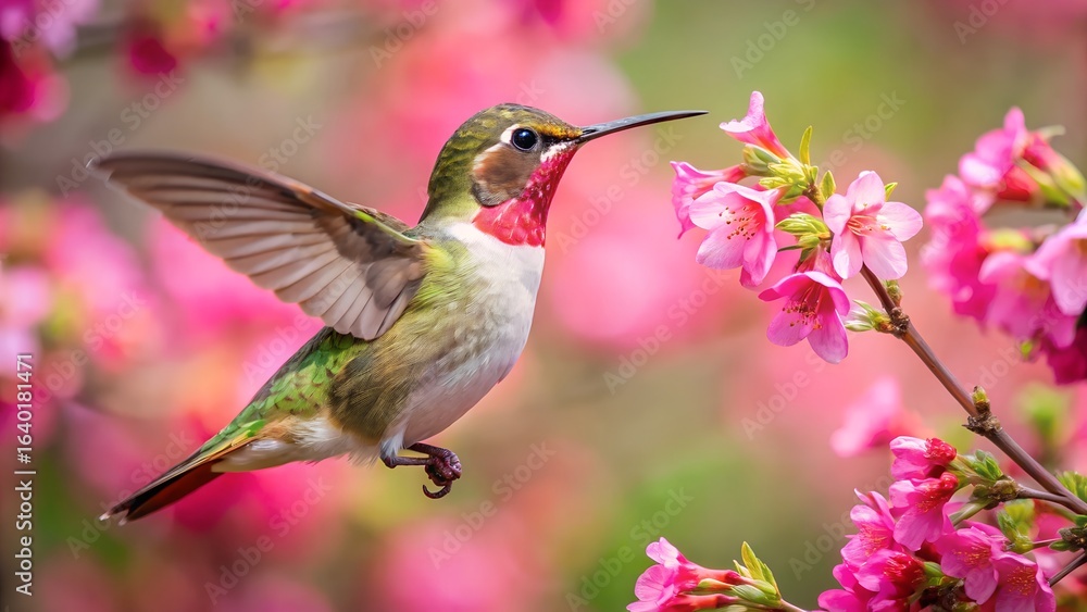 Fototapeta premium Hummingbird feeding on pink cherry blossoms in flight