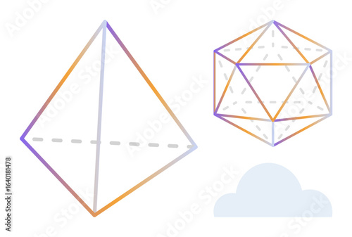 Geometric 3D tetrahedron, polyhedron with gradient outlines, hovering near a simple cloud figure. Ideal for science, geometry, innovation, technology, education creativity clean graphic designs. A