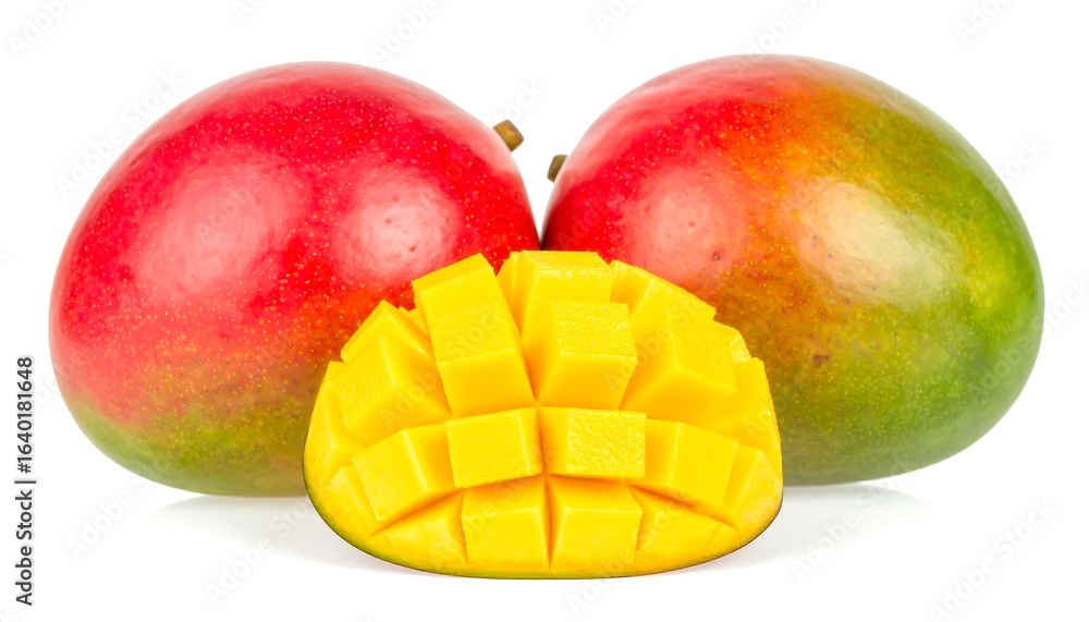 Fresh mangoes displayed on white background Fresh mangoes displayed on white background