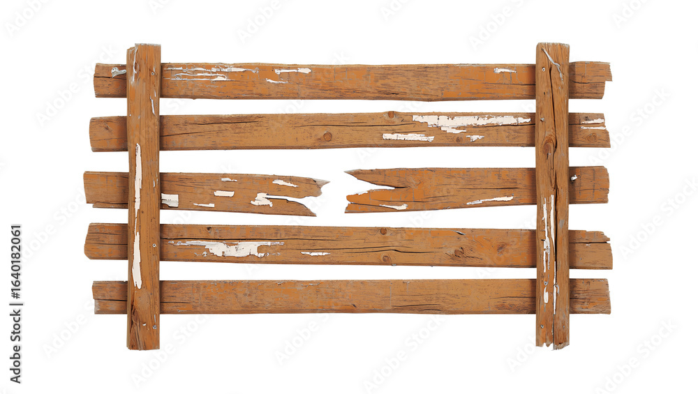 Fototapeta premium Old wooden fence with one broken plank, rustic background texture isolated on transparent background