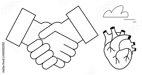 Two hands shaking as a gesture of collaboration, paired with a heart symbol to signify empathy, care, and alliance. Ideal for unity, healthcare, trust, support, communication teamwork simple
