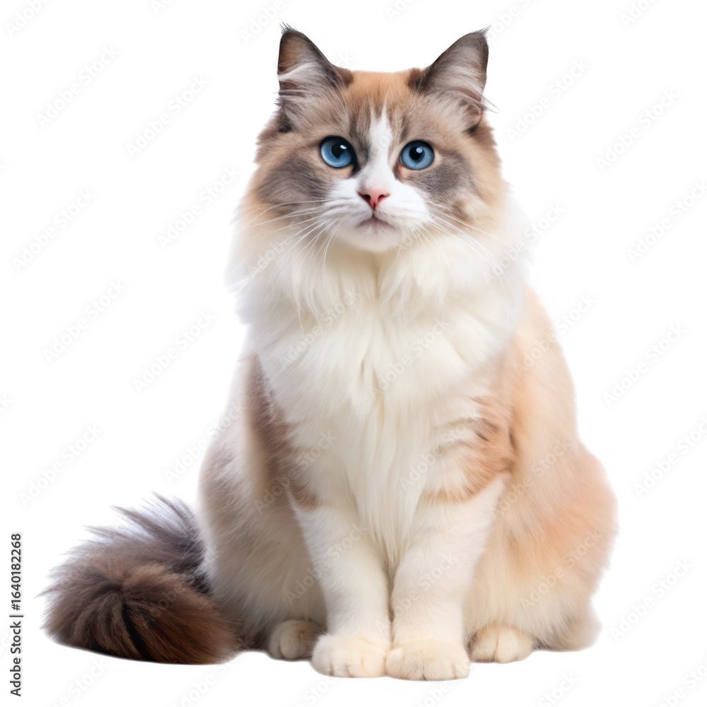 Fototapeta premium Majestic ragdoll cat with striking blue eyes sitting proudly isolated on transparent background