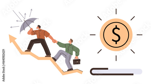 Two colleagues climb upward, one shielding with an umbrella and helping the other hold a briefcase. Sun with a dollar sign symbolizes financial goals. Ideal for growth, teamwork, leadership, success