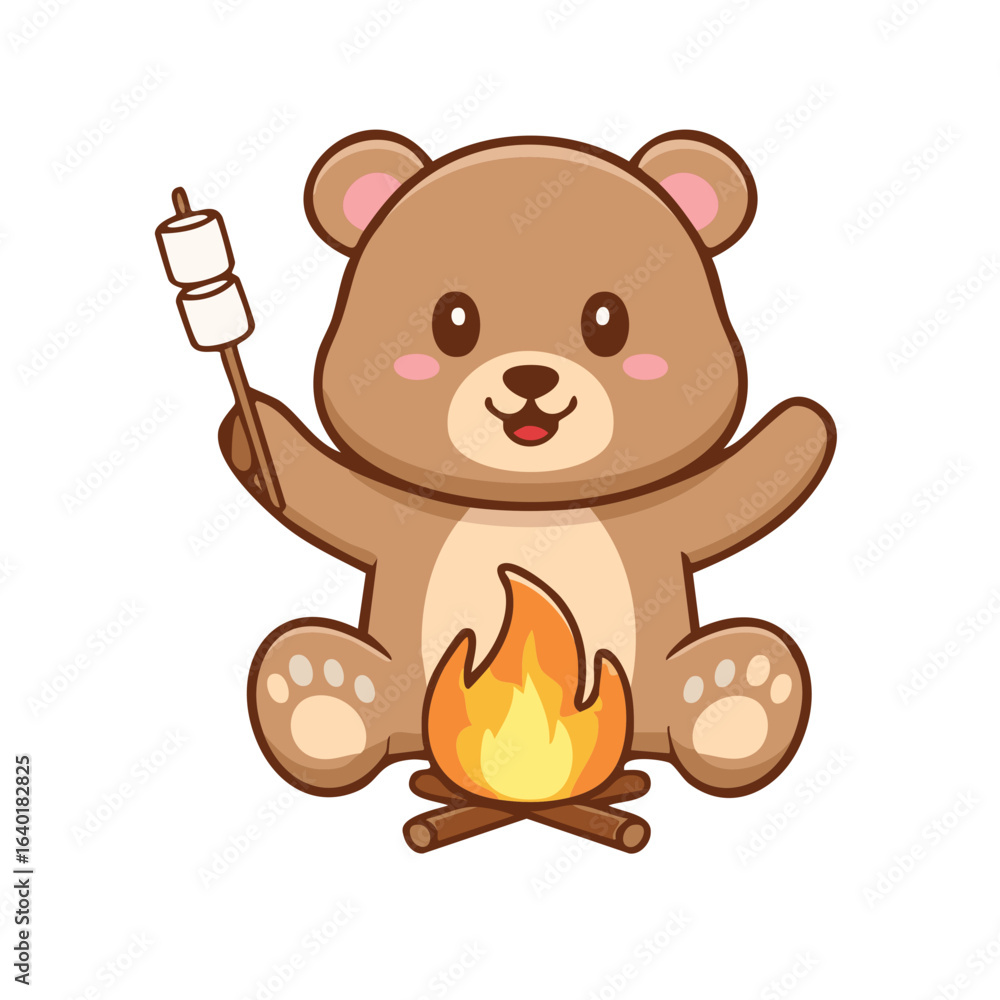 Obraz premium A cute bear roasting marshmallows by a campfire. The bear is holding a marshmallow skewer and has a happy expression. 