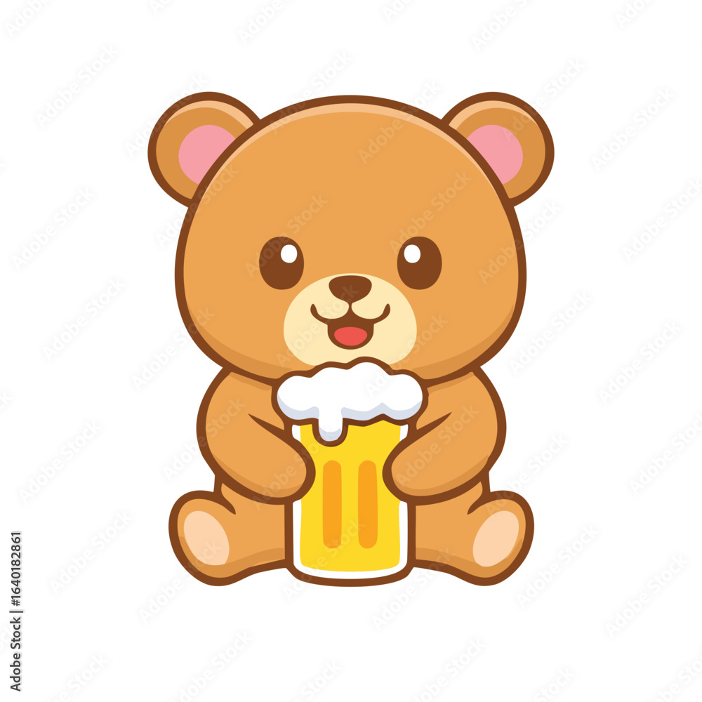Obraz premium A cute cartoon bear happily enjoying a beer. The illustration features a charming bear character holding a beer glass and smiling