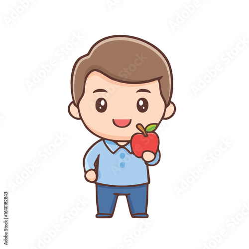 A delightful illustration of a boy happily holding a red apple. He appears cheerful and healthy