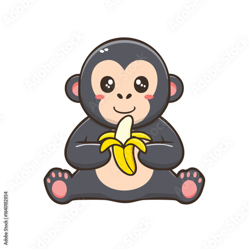 A cute cartoon monkey happily eating a banana, perfect for playful designs!