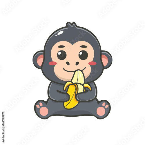 A cute cartoon monkey happily enjoying a banana