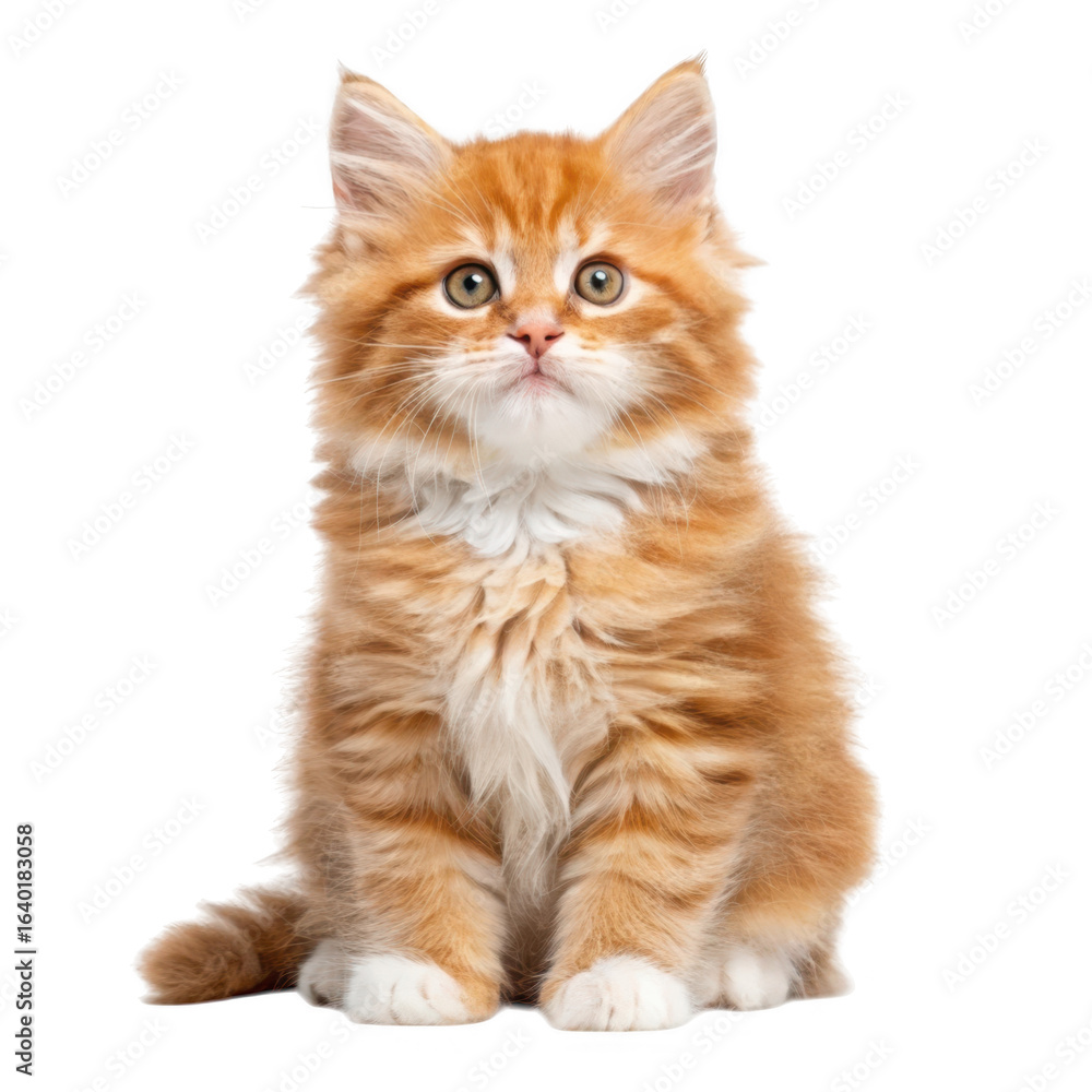 Obraz premium Adorable fluffy orange tabby kitten sitting attentively isolated on transparent background